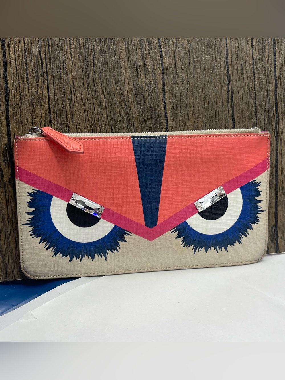 Vintage Fendi Vitello Elite Crystal Eye Monster Slim Pouch Multicolored